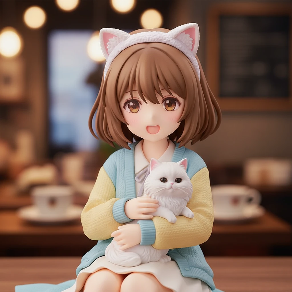 Una cálida figura anime de una chica con una diadema de orejas de gato, sosteniendo tiernamente un gato blanco en un acogedor café.
