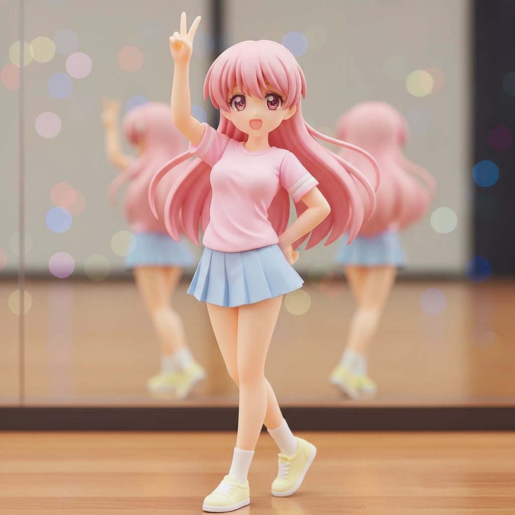 A confident anime figure of a girl in a pleated skirt, practicing in a dance studio.