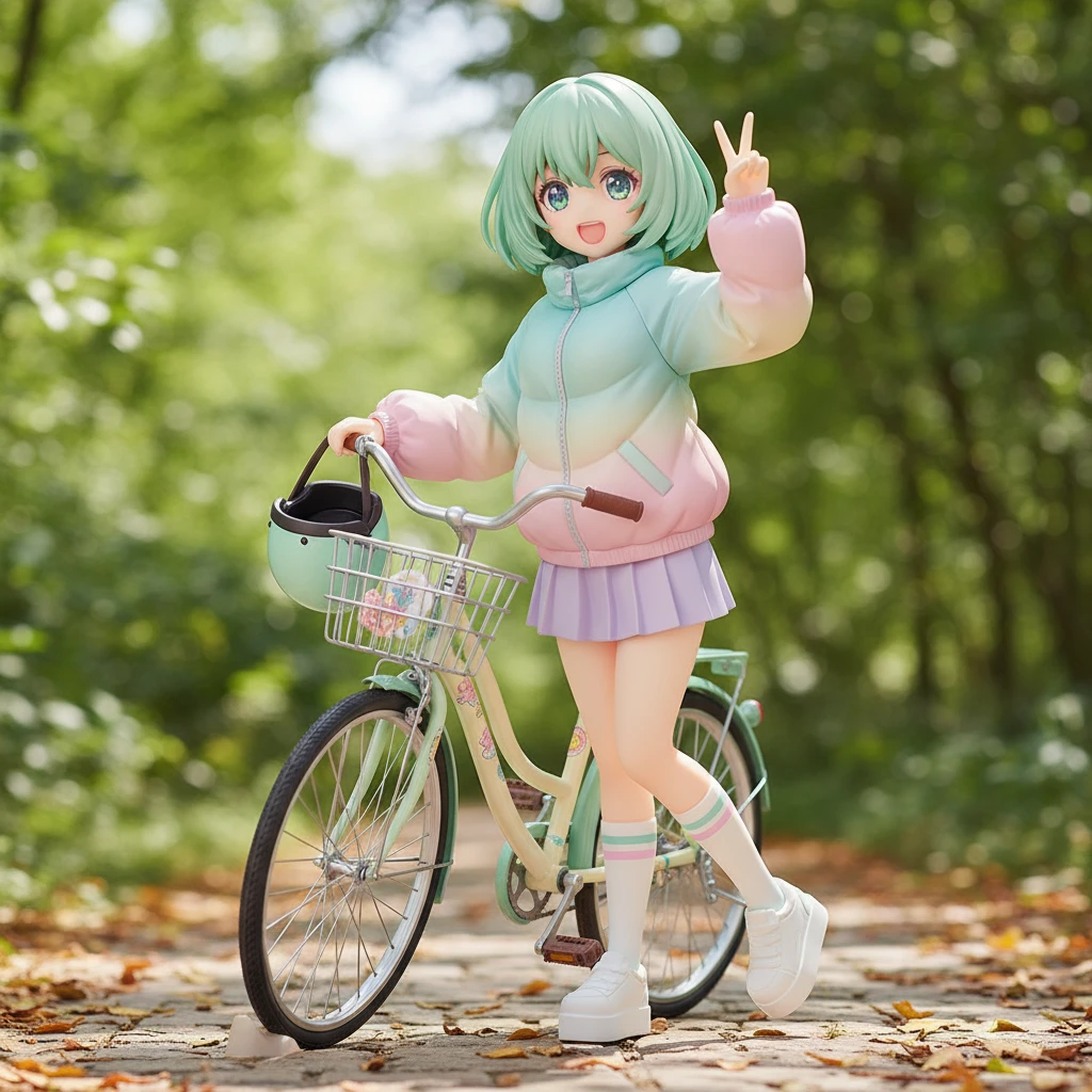 Una alegre figura anime de una chica con un bob corto color menta, haciendo la señal de paz junto a su bicicleta.