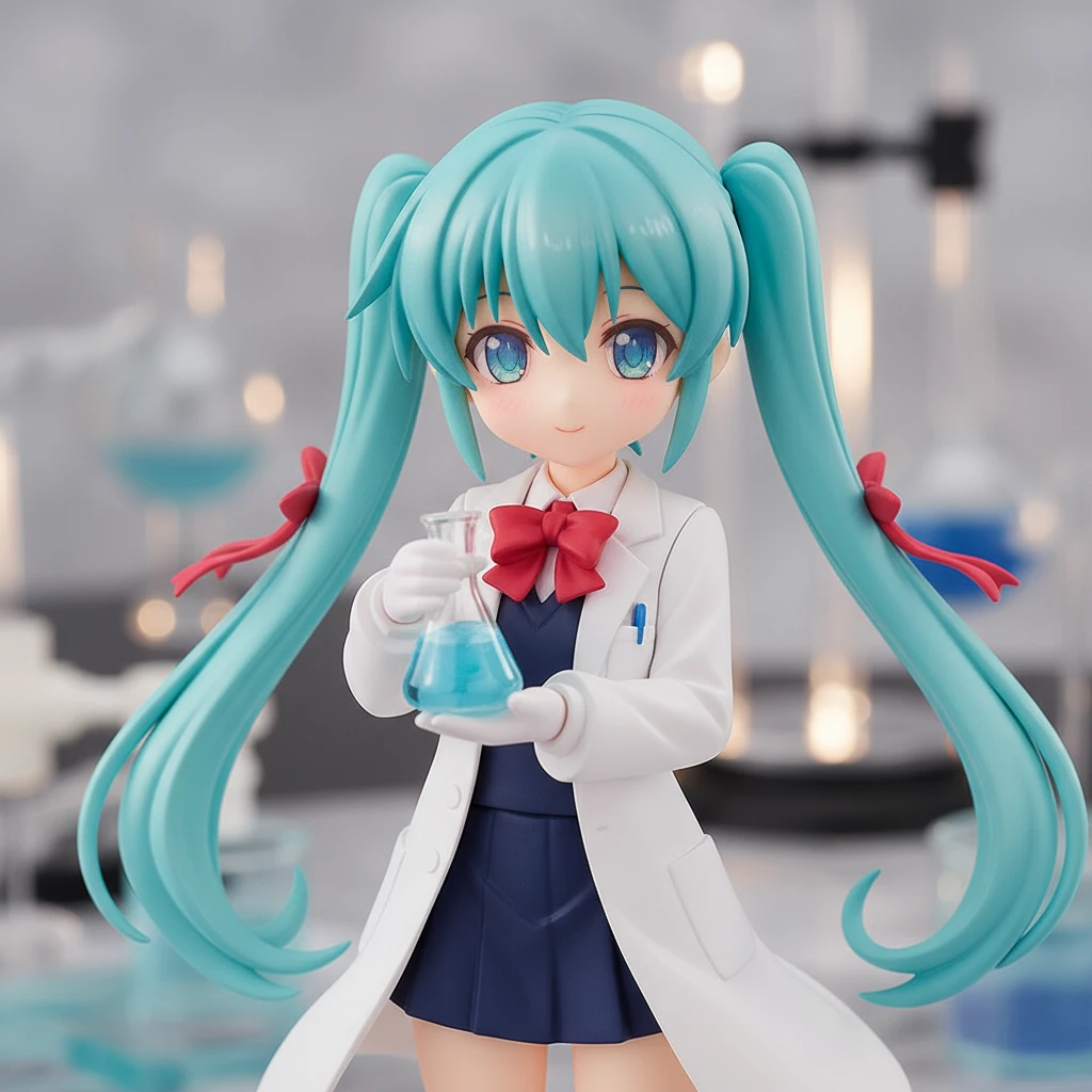 A curious anime figure of a girl in a lab coat, holding a beaker in a science lab.