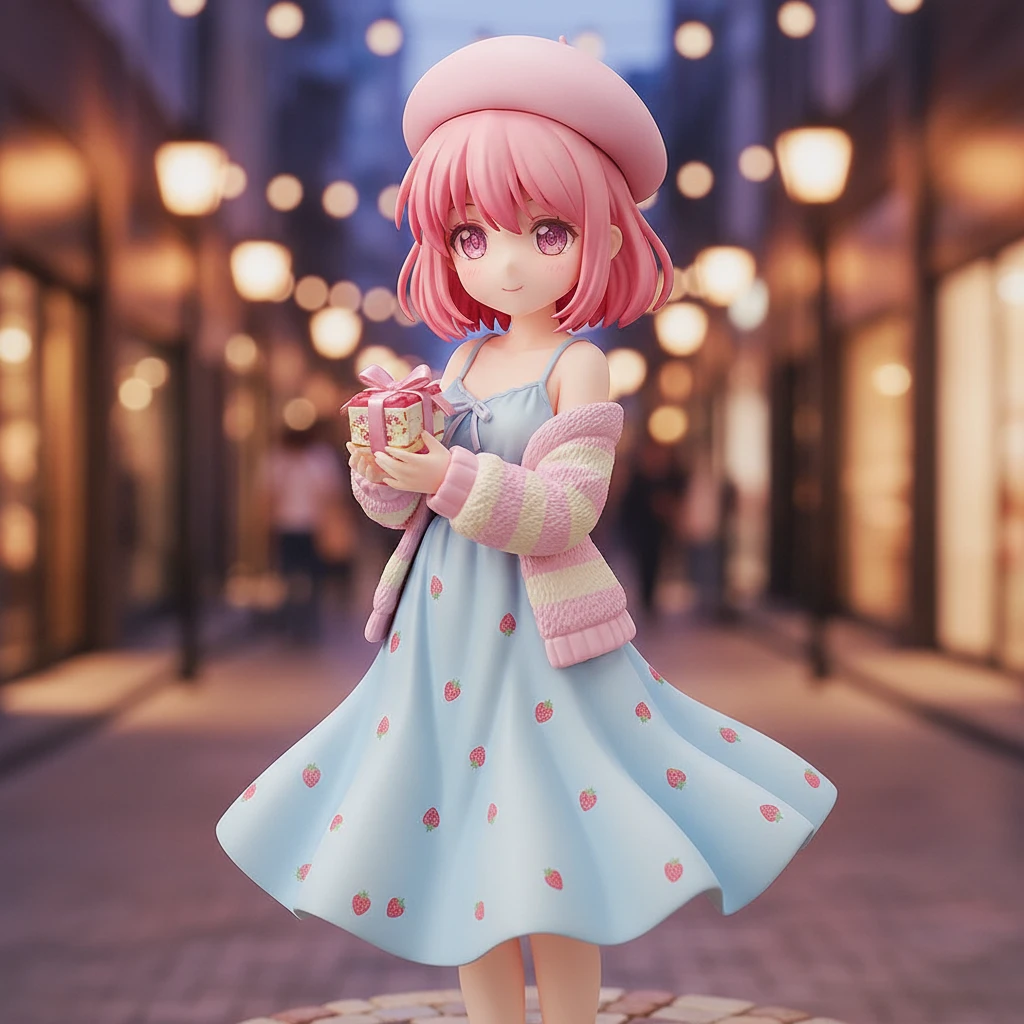 Una adorable figura anime de una chica con un bob rosa fresa y una boina, sosteniendo una caja de postres en una calle comercial al atardecer.