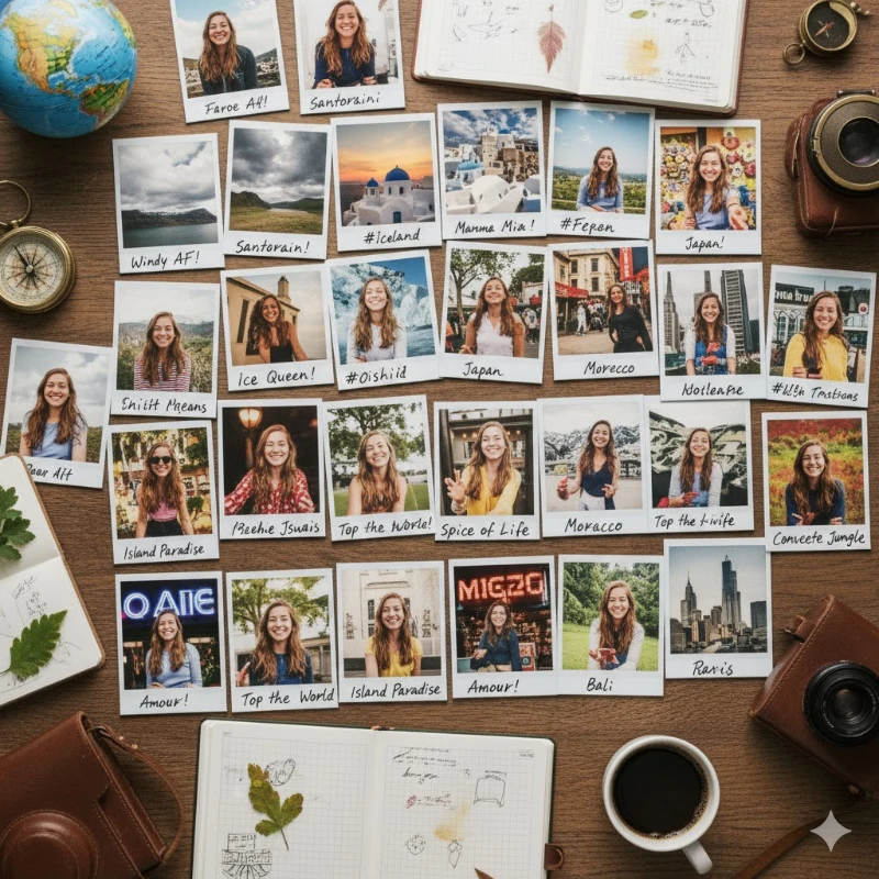 An ultra-realistic 8K cinematic flatlay of 100 Polaroids showing a girl's travels to various scenic locations.